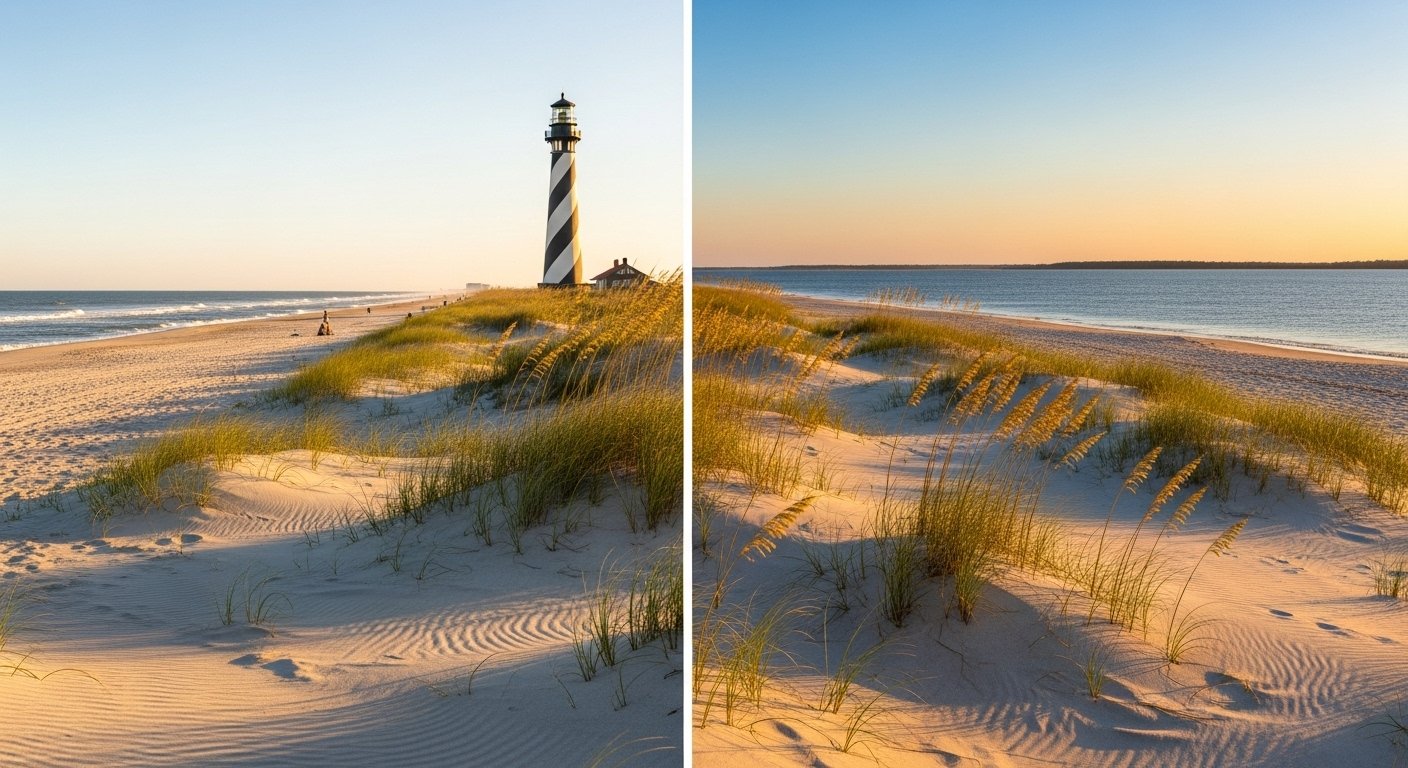 The historic Cape Hatteras Lighthouse standing tall against a summer sky on the Outer Banks of North Carolina.