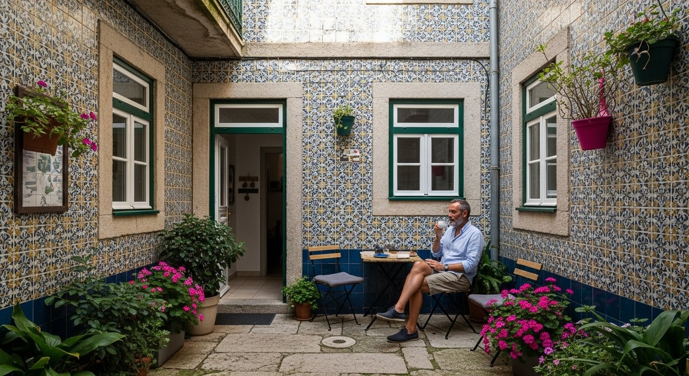 A boutique guesthouse courtyard in Porto