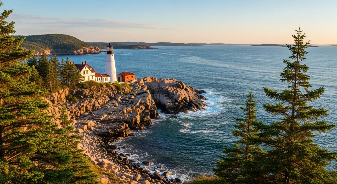 The rocky coastline of Acadia National Park in Maine, with waves crashing as the sun rises over the Atlantic.