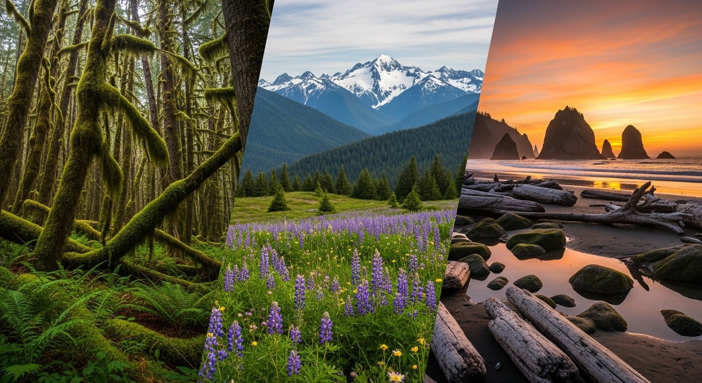 The lush, green Hoh Rain Forest in Olympic National Park, with moss-draped trees creating a magical summer scene.