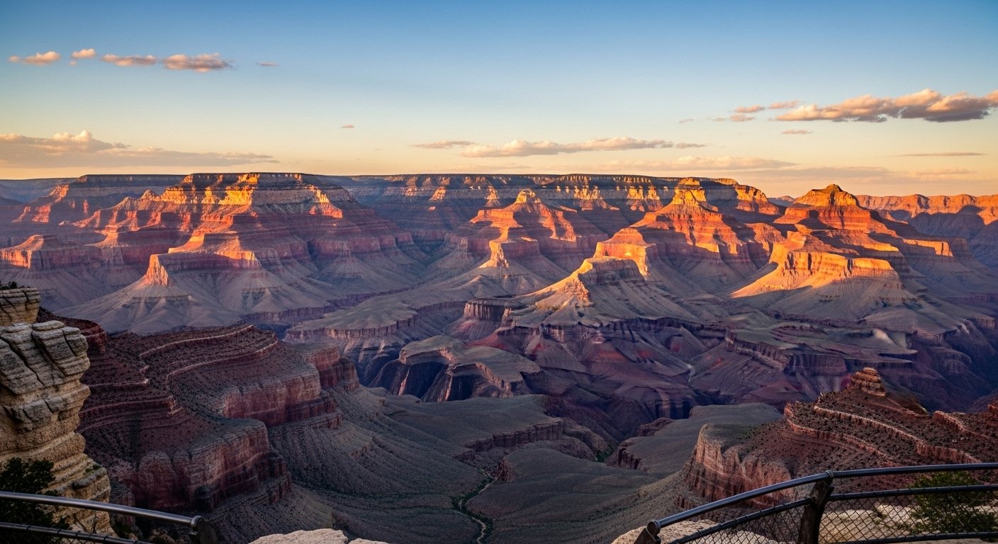 The vast expanse of the Grand Canyon at sunset, with layers of red and orange rock, a top place to visit in the USA this summer.