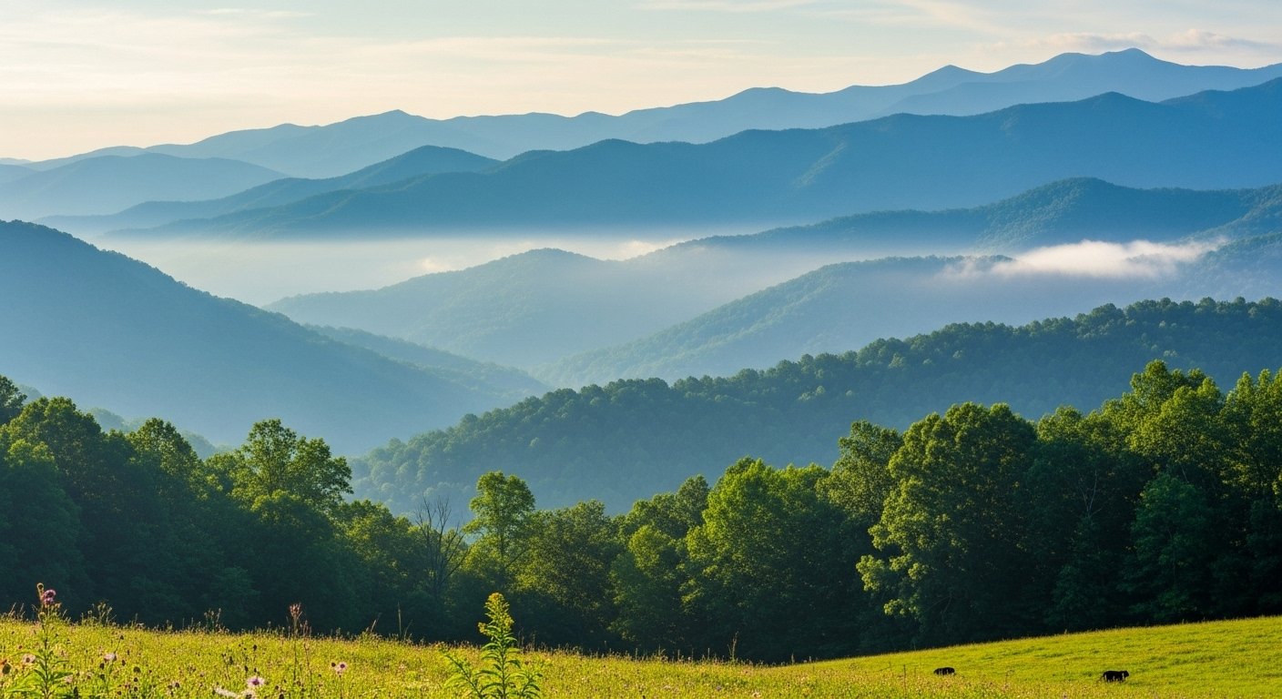 Misty, rolling layers of the Great Smoky Mountains at sunrise, showcasing the "blue smoke" effect.