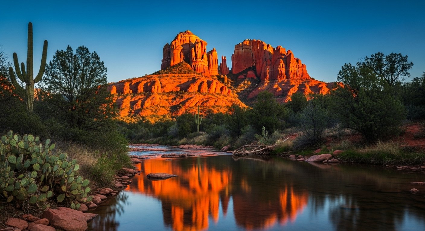 The famous Cathedral Rock formation in Sedona, Arizona, glowing a deep red during a vibrant summer sunset.