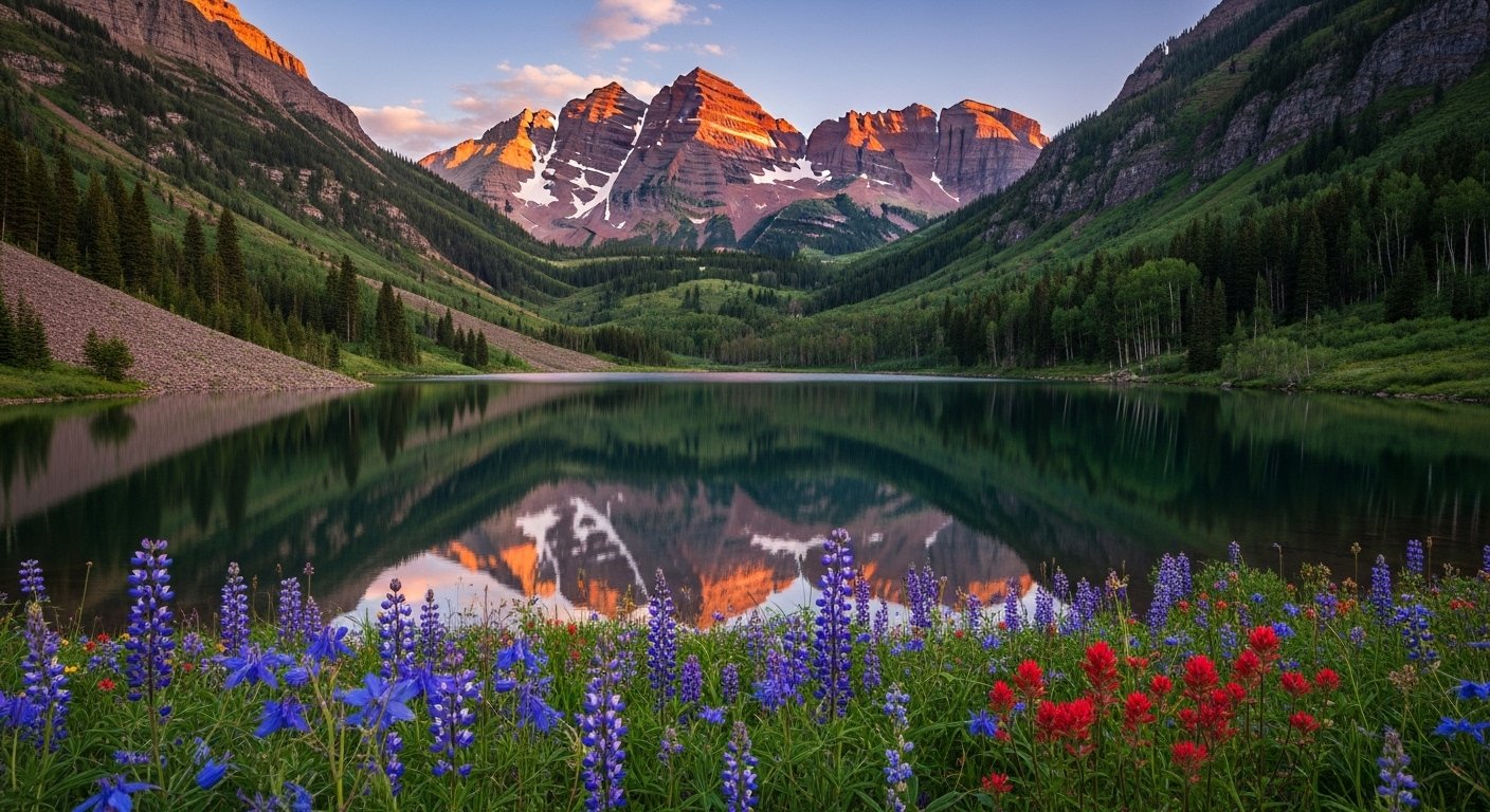The iconic Maroon Bells peaks reflected perfectly in the clear water of Maroon Lake, surrounded by summer wildflowers in Colorado.