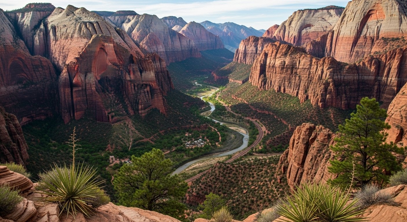 A hiker wading through the Virgin River in The Narrows at Zion National Park, with towering red canyon walls on either side.