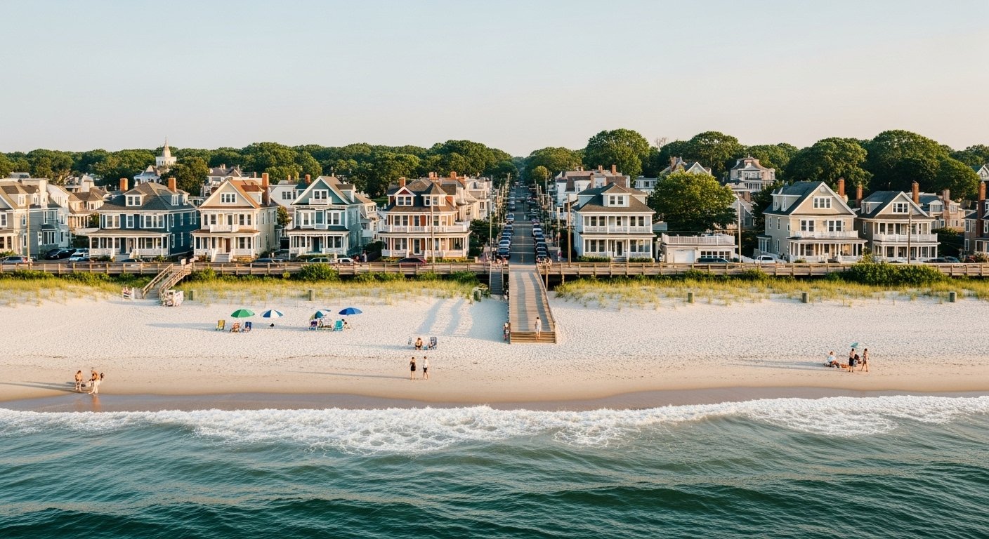 The peaceful, non-commercial boardwalk and pristine beach of Spring Lake, New Jersey, a hidden gem on the Jersey Shore.