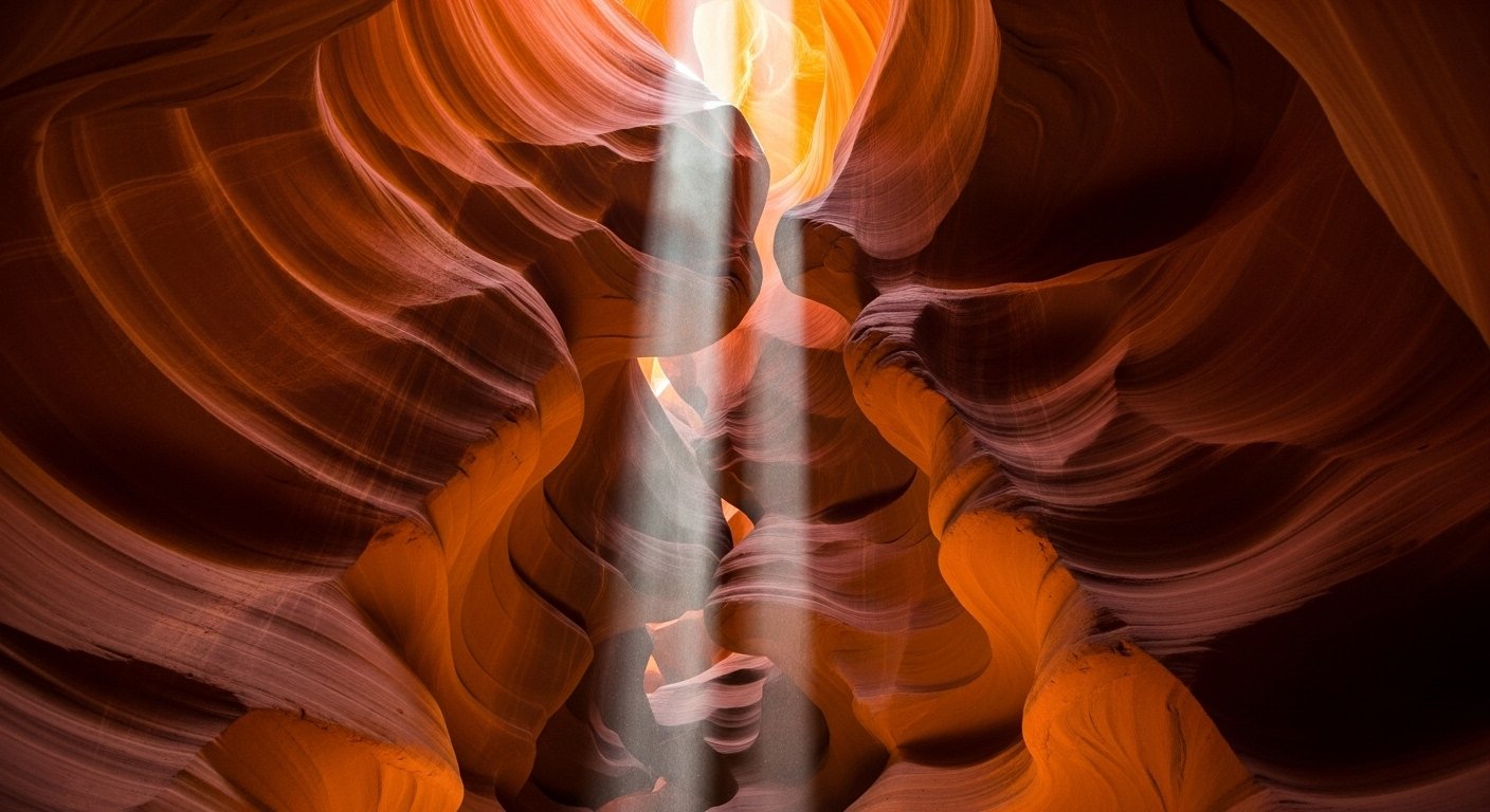 A dramatic sunbeam shining down into the swirling orange sandstone walls of Upper Antelope Canyon in Arizona.