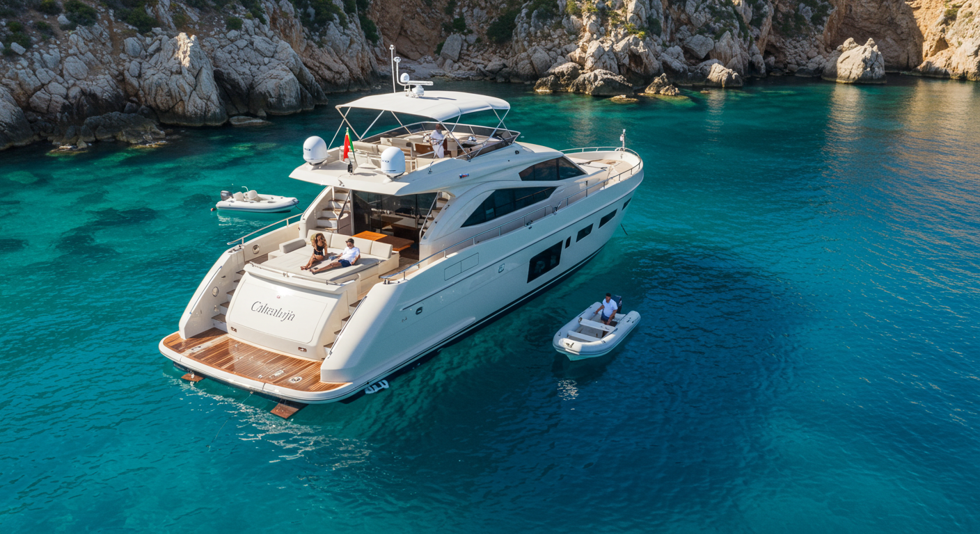 Luxury private yacht charter in Mediterranean cove near French Riviera
