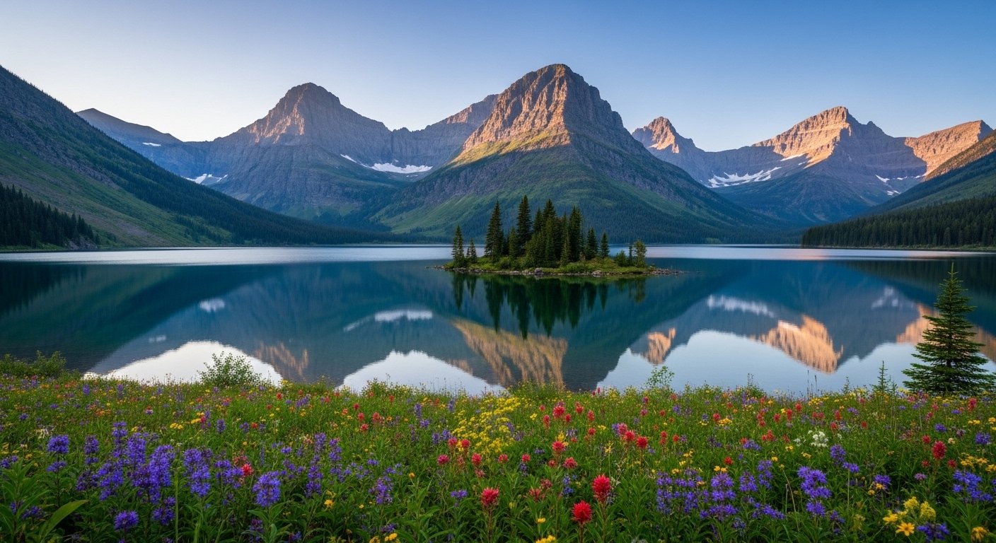 The iconic Going-to-the-Sun Road in Glacier National Park, with dramatic mountain peaks and green valleys in the background.