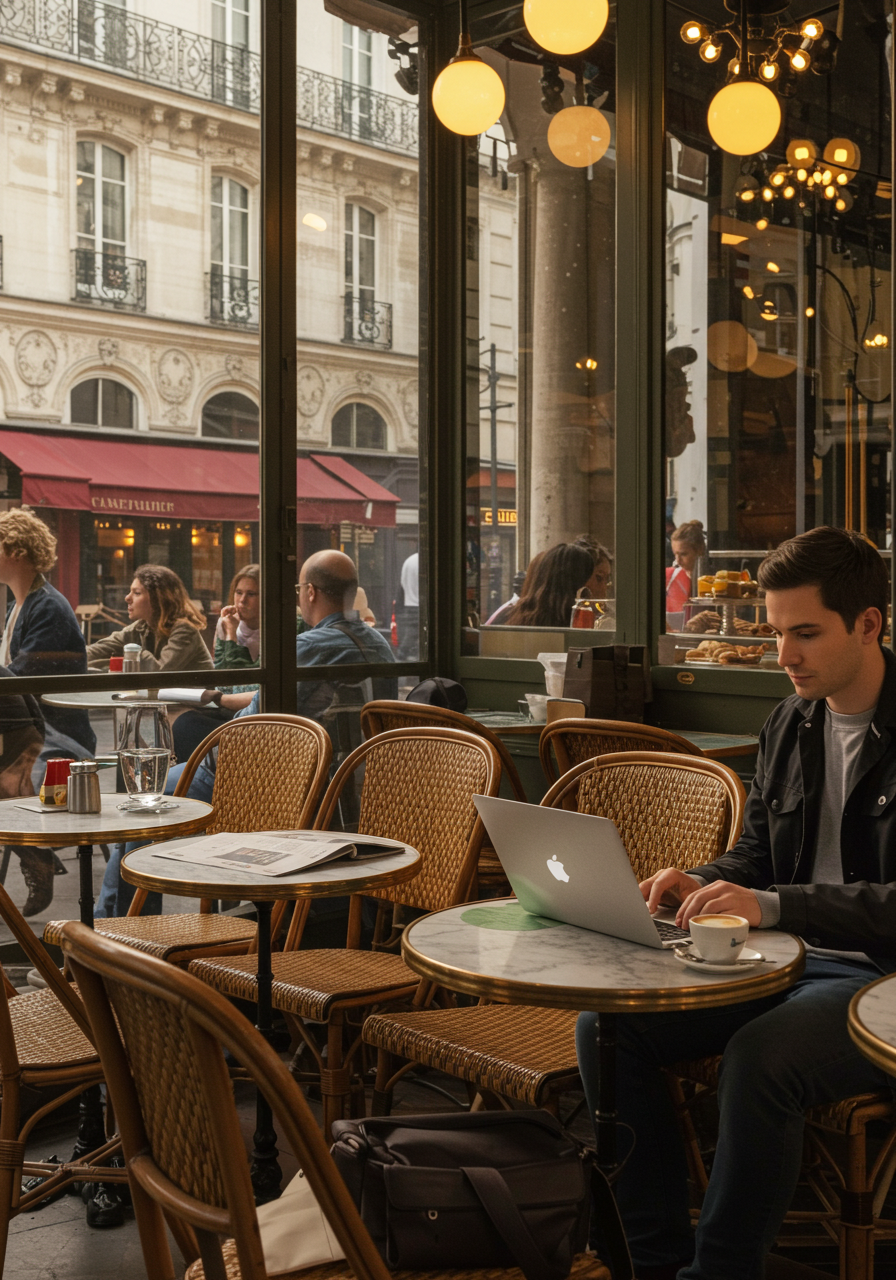 Digital safety tips for travelers using WiFi in Paris cafe