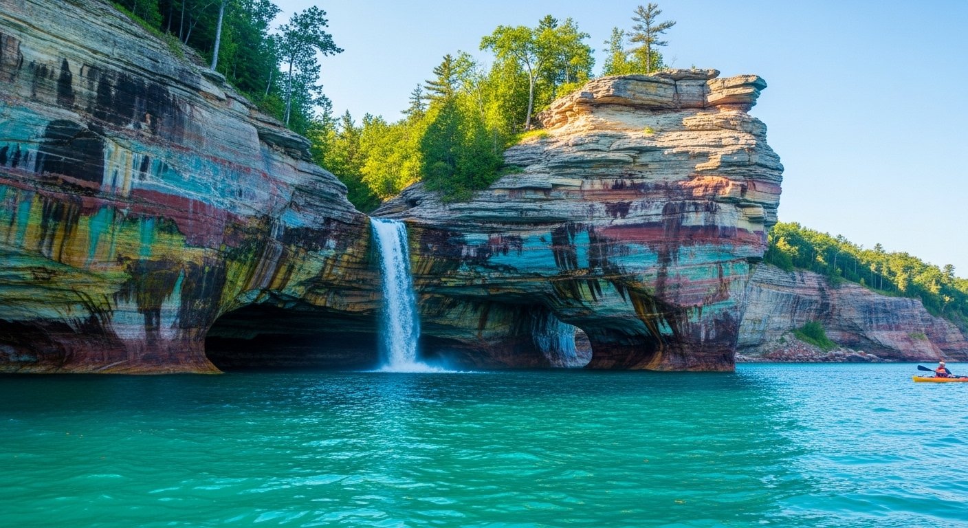 A colorful sandstone cliff at Pictured Rocks National Lakeshore, Michigan, with mineral stains creating a natural mural above Lake Superior.