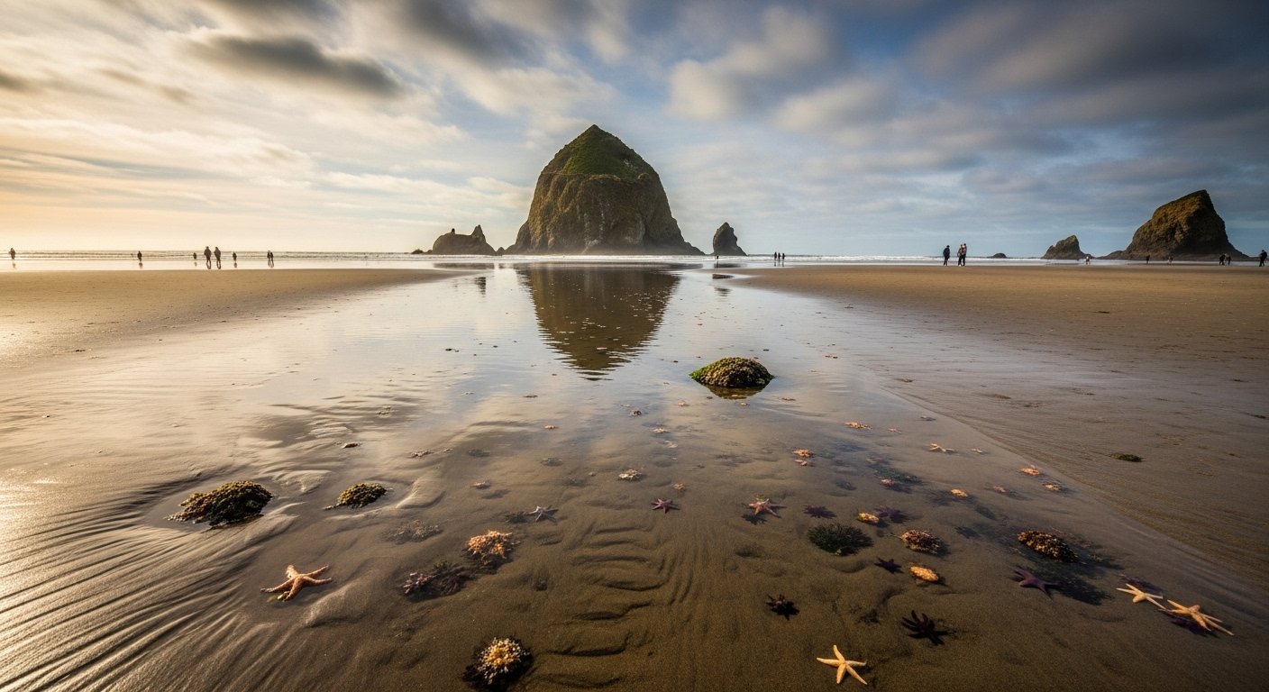 Haystack Rock at Cannon Beach, Oregon, during a summer sunset with tide pools visible in the foreground.