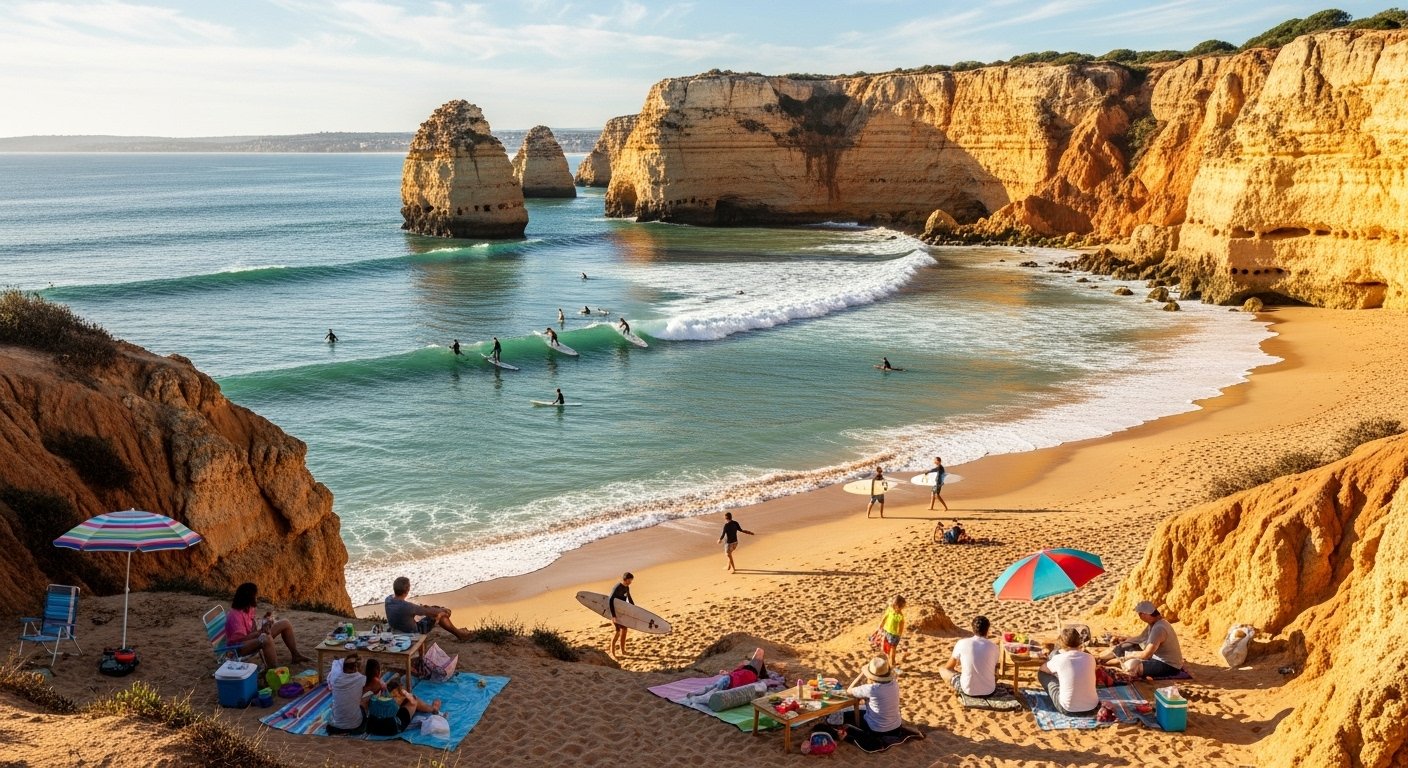 The stunning Benagil Cave on the Algarve coast in Portugal, with sunlight streaming through the opening onto the hidden beach inside.