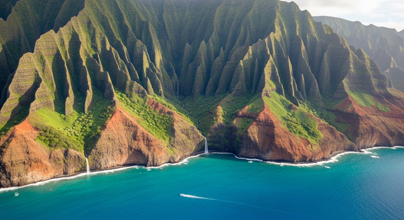 The dramatic, emerald-green cliffs of the Napali Coast on Kauai, Hawaii, as seen from a boat on the turquoise Pacific Ocean.