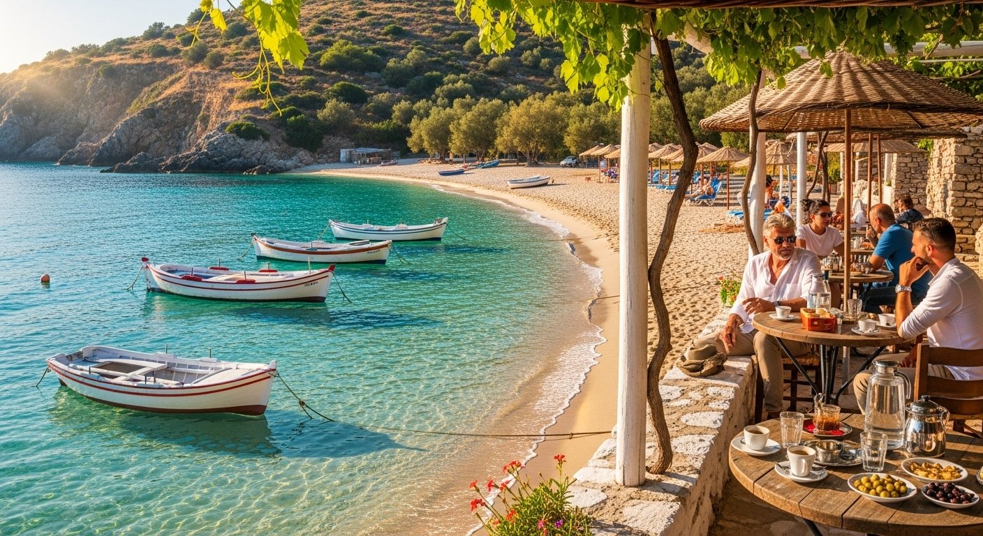 A secluded, pristine beach on the Albanian Riviera with crystal-clear turquoise water and white pebble shores.