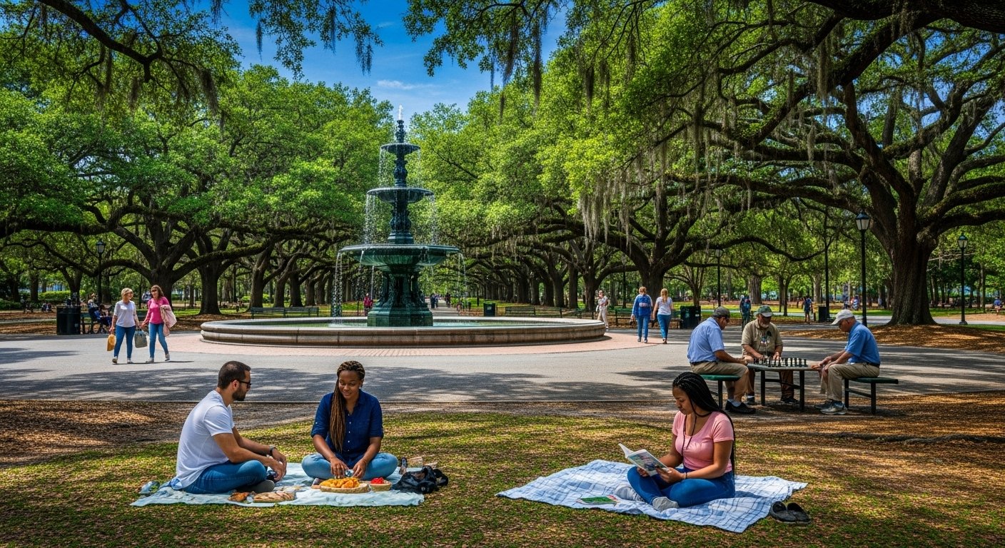 Forsyth Park in Savannah with iconic white fountain, moss-draped oak trees, and people picnicking