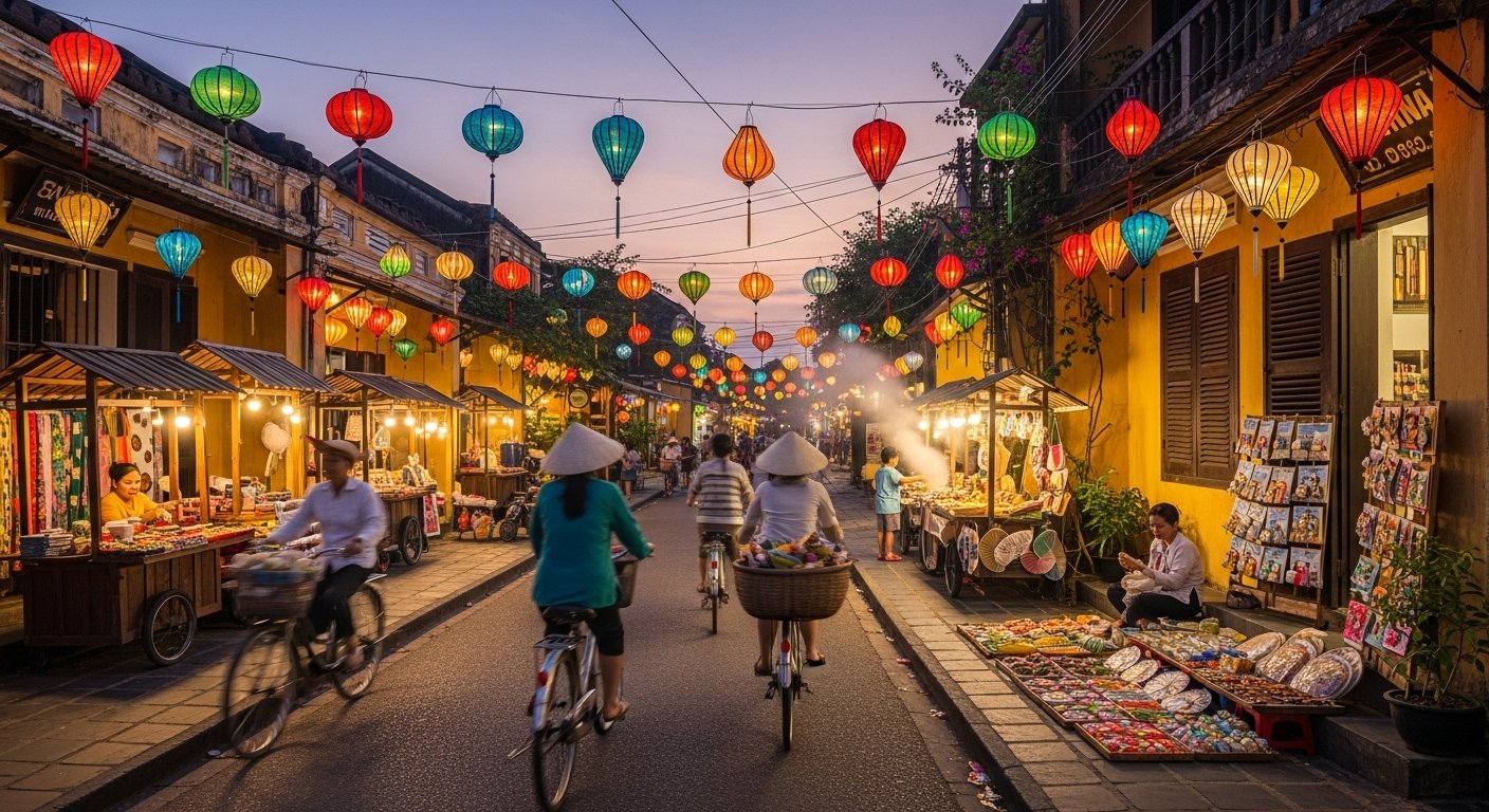 Colorful silk lanterns illuminating an ancient, narrow street in the UNESCO town of Hoi An, Vietnam, at dusk.