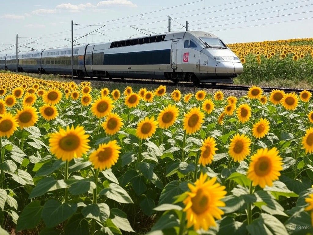 A French TGV high-speed train speeding through a vibrant field of sunflowers in the countryside, an efficient way to travel around France.