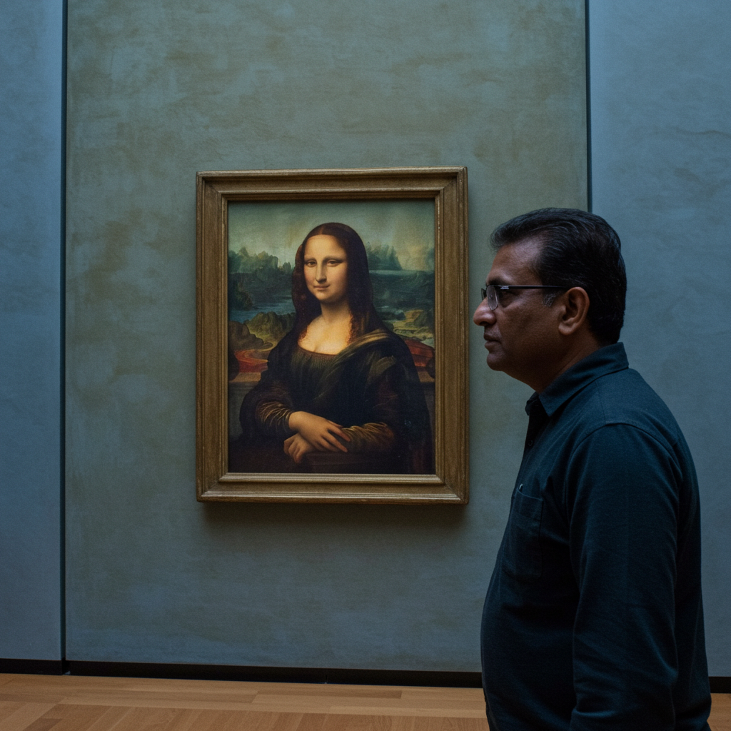 Visitor observing the Mona Lisa painting in the Louvre Museum, highlighting free French cultural experiences on a budget.