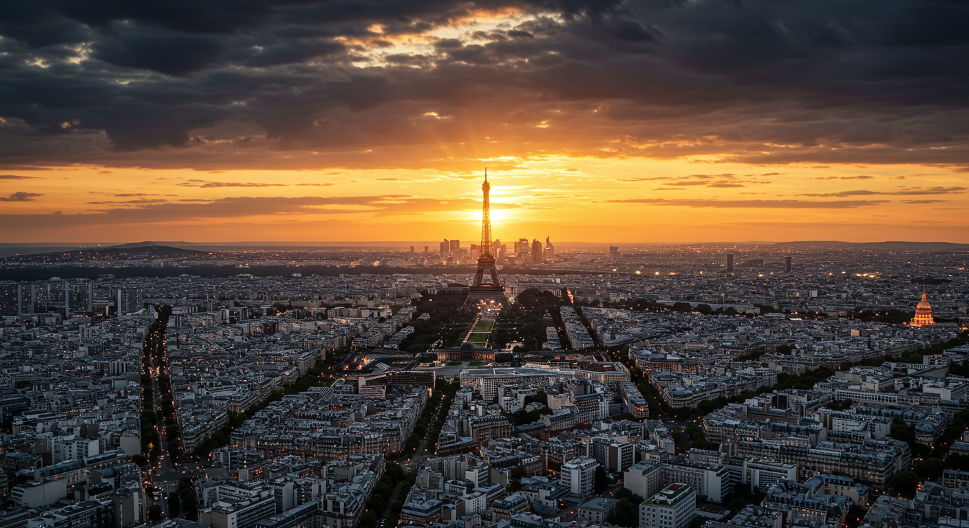 Aerial view of Paris at sunset with the Eiffel Tower glowing, illustrating a travel guide on how to experience France like a local.