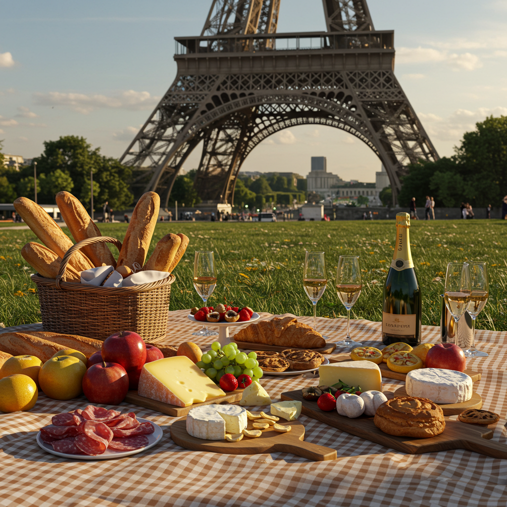 Gourmet picnic with Eiffel Tower view, perfect for eating divinely and affordably in Paris on a budget