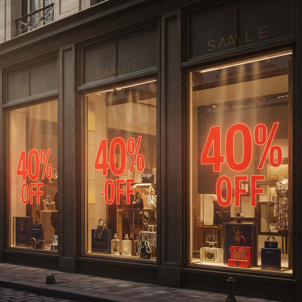 Shop window with 40% off sale sign in France, for smart shopping and finding luxury items on a budget.
