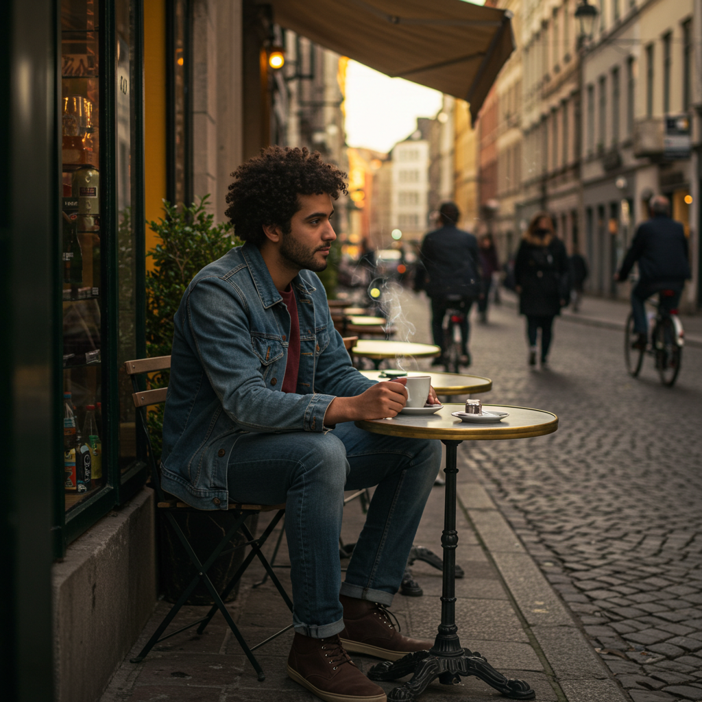 Man enjoying a quiet moment at a Parisian outdoor cafe, experiencing true French luxury on a budget.