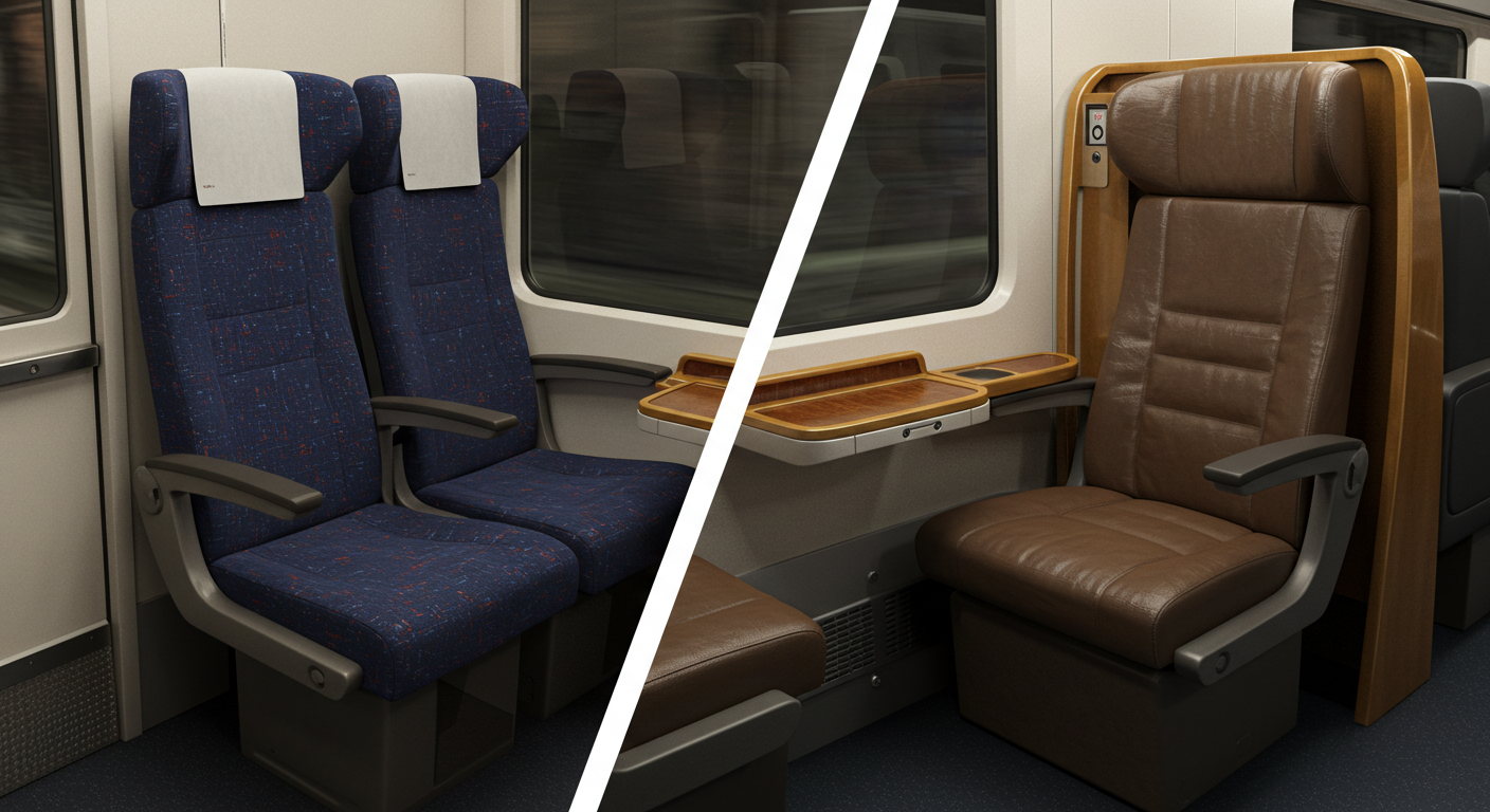 A side-by-side comparison of a standard class and a first-class seat on a French train, showing the difference in comfort for travelers.
