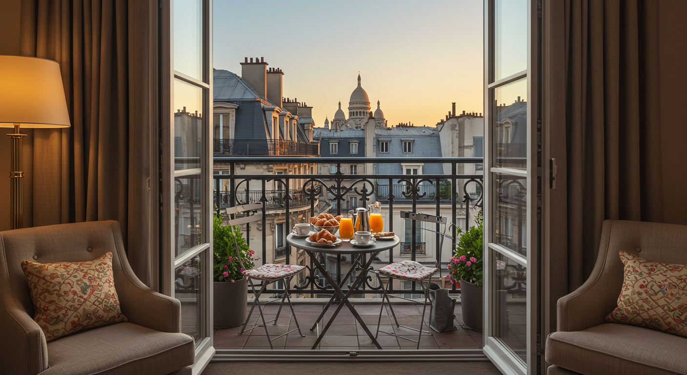Luxury palace hotel terrace view overlooking Paris rooftops and Sacré-Cœur