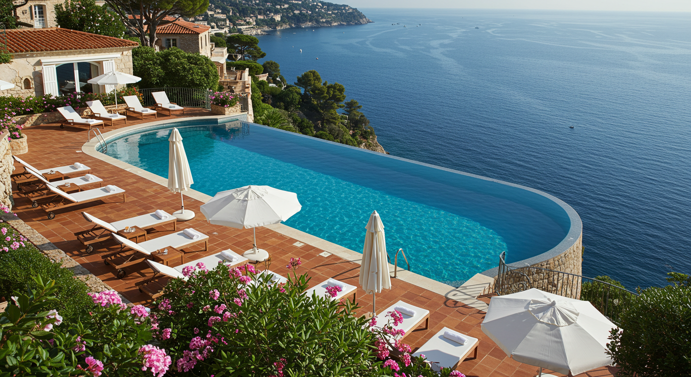 Exclusive infinity pool at luxury French Riviera hotel Château de la Chèvre d'Or