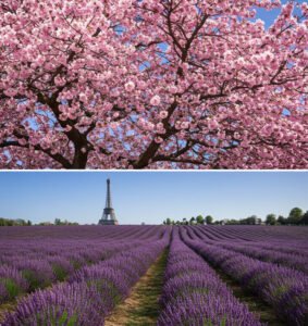 A collage showing the four seasons in France: pink cherry blossoms for spring, a purple lavender field for summer, a lavender field with the Eiffel Tower for a Paris trip, and a snowy Alpine village for winter.