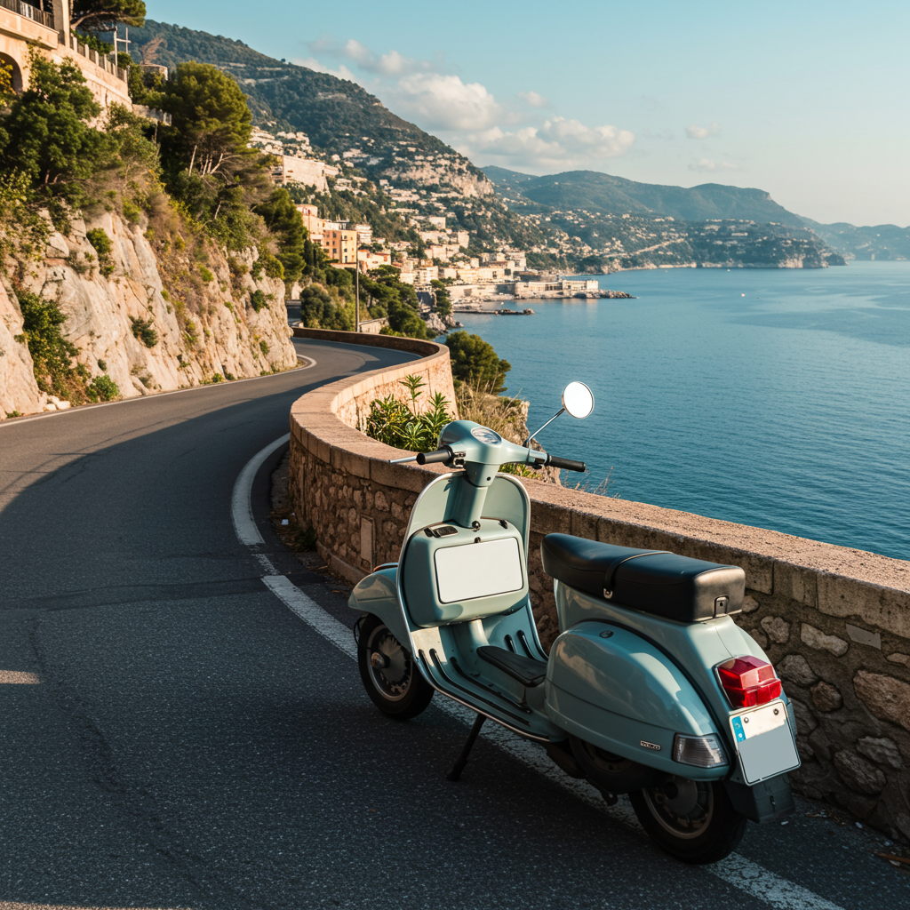 A traveler riding a scooter on a scenic, winding road along the coast of the French Riviera, showcasing a local way to explore.