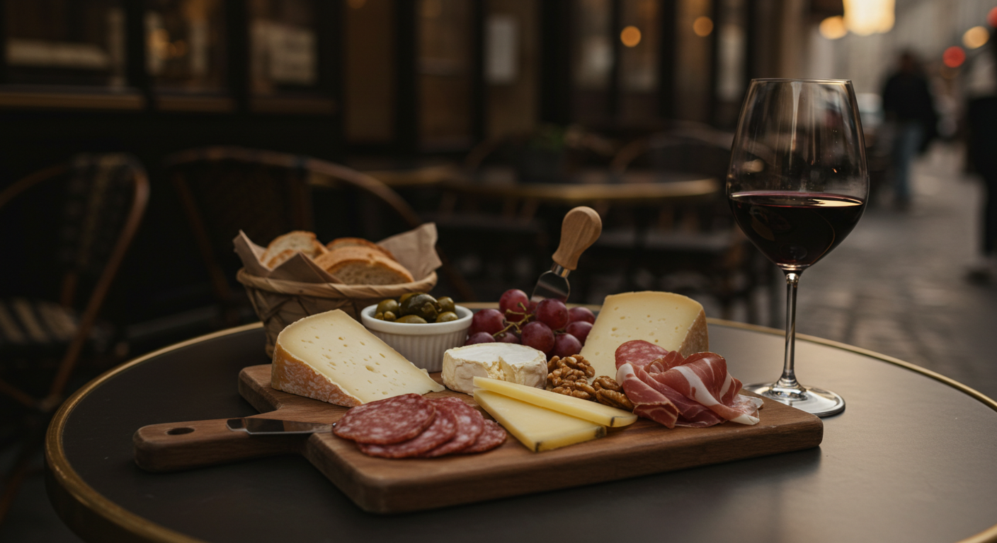A rustic wooden board laden with an authentic French charcuterie and cheese selection, served with a glass of red wine at a bistro.