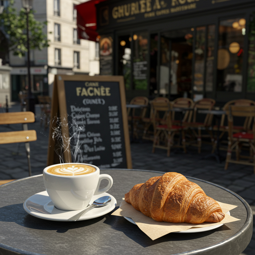 A classic Parisian café experience with a fresh croissant and a cup of coffee sitting on an outdoor table, ready to be enjoyed while people-watching.