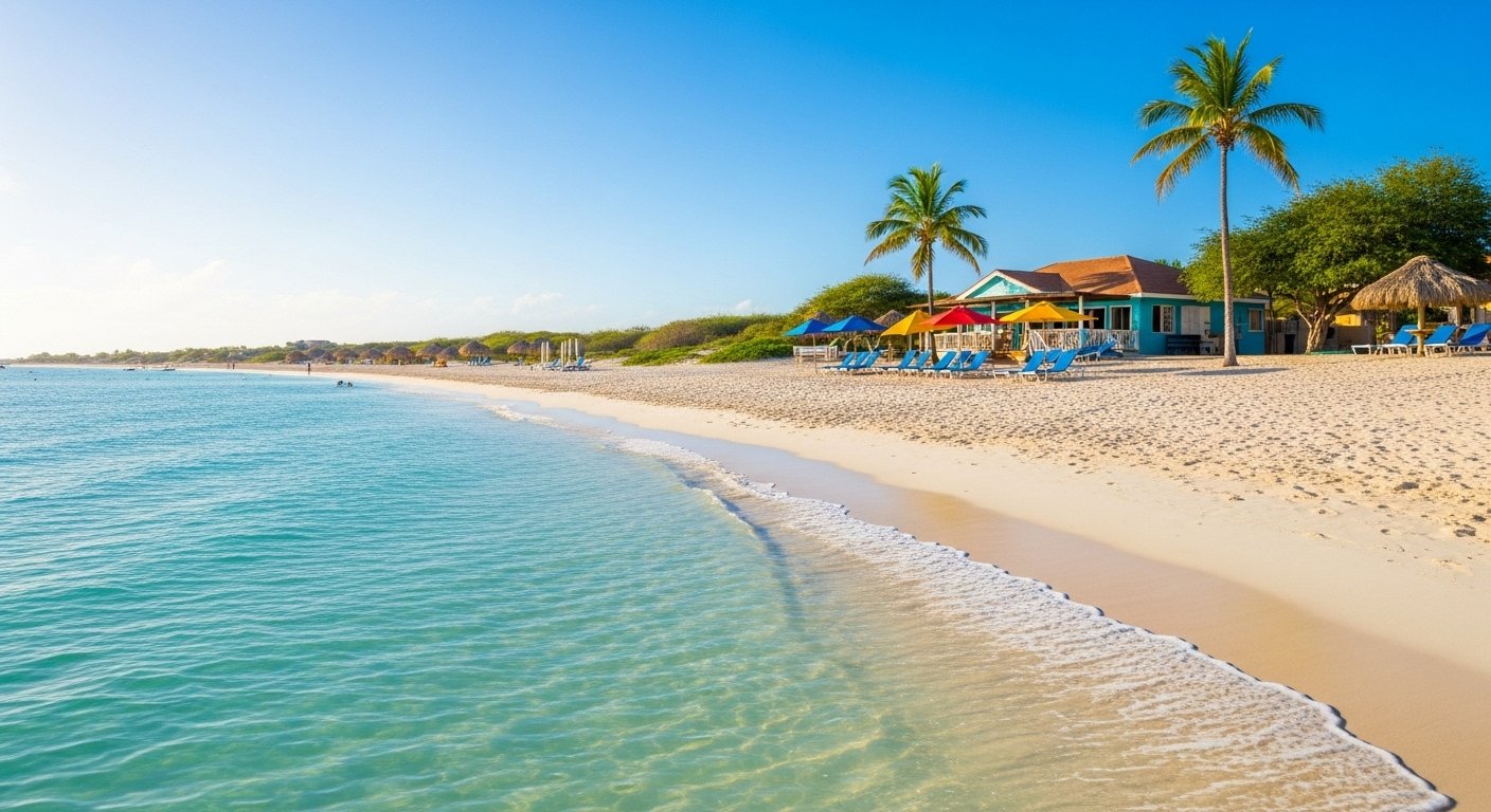 a beach with a beach umbrella