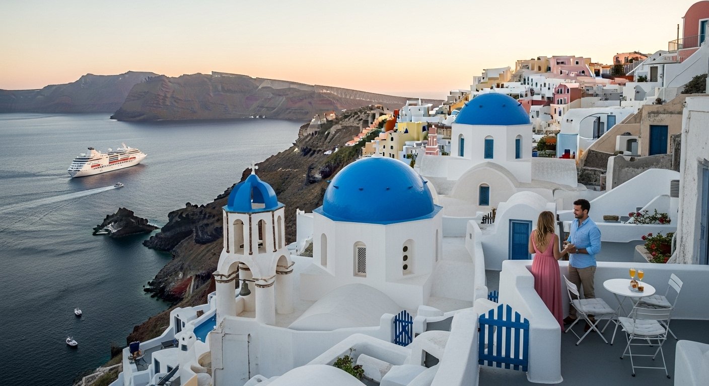 The iconic blue-domed churches and white buildings of Oia, Santorini, overlooking the deep blue Aegean Sea at sunset.