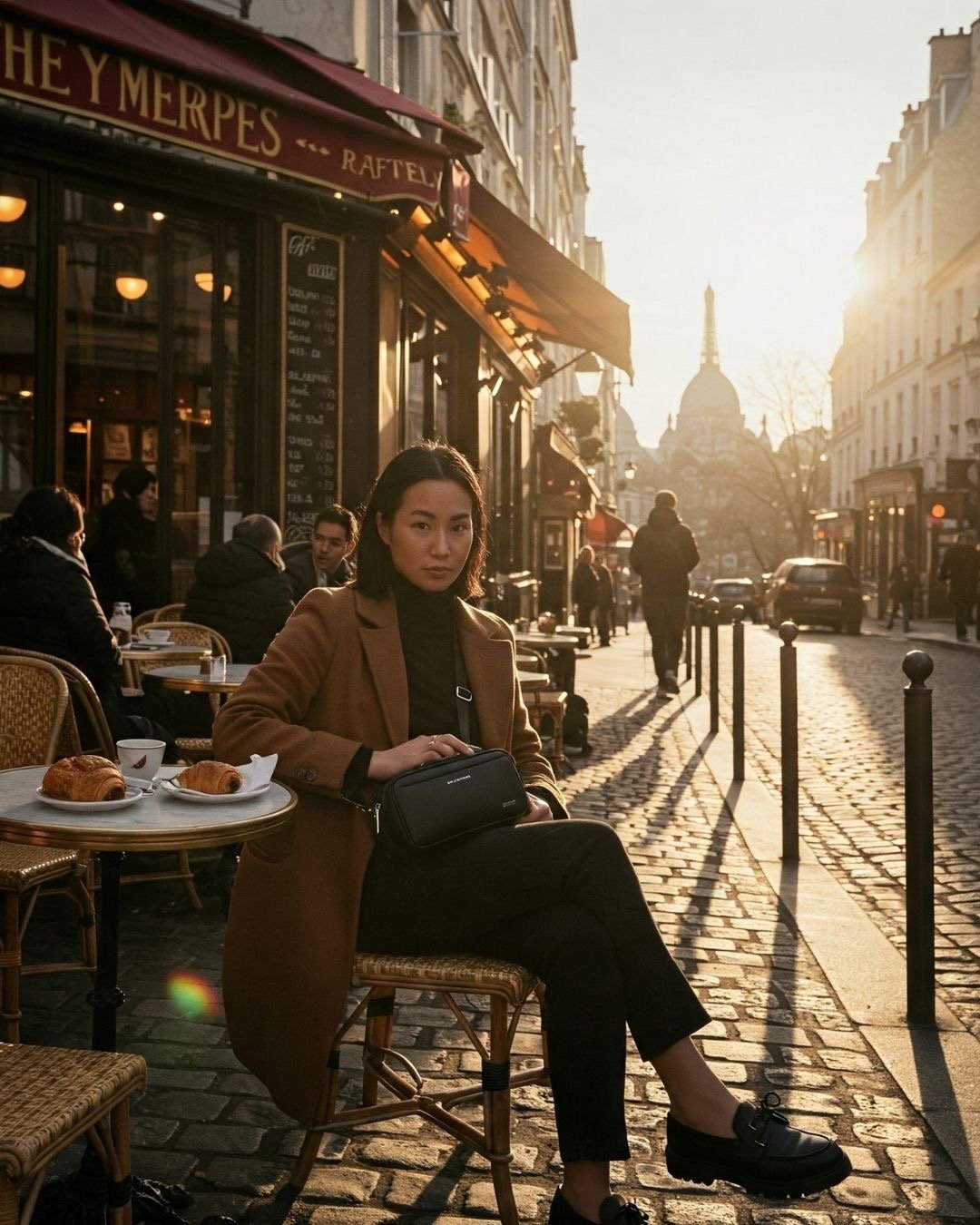 Solo female traveler staying safe in Paris cafe while avoiding tourist scams