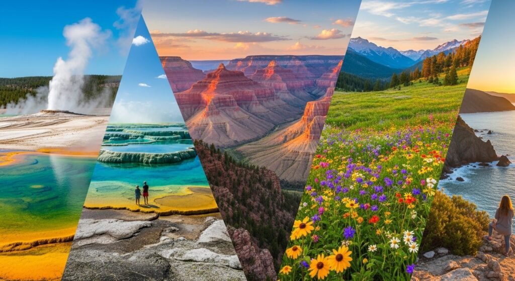 the-prettiest-places-to-visit-in-the-usa-Yg2jRE8bblS85Jjr A vibrant photo collage of the best places to visit in the USA this summer, featuring the red rocks of the Grand Canyon, the green cliffs of the Napali Coast, and the misty Great Smoky Mountains, representing America's diverse landscapes.