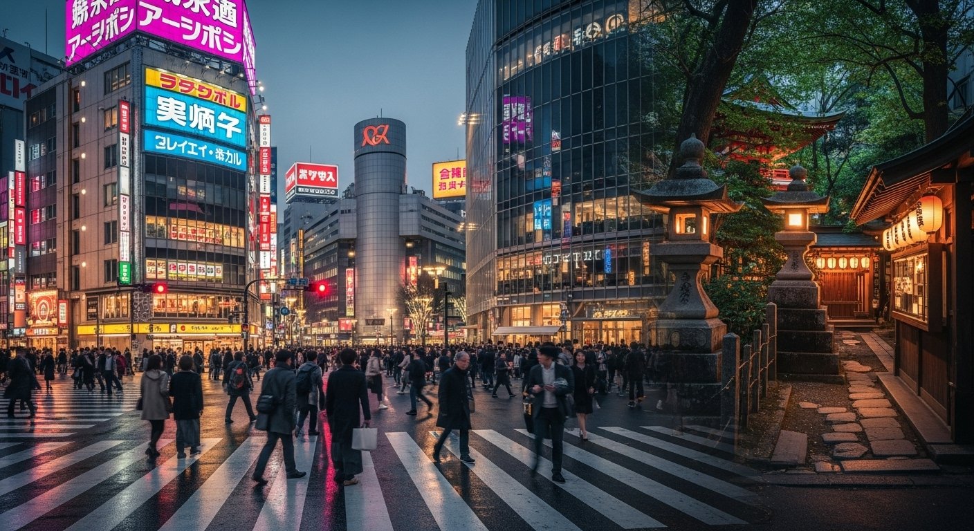 A bustling street crossing in Tokyo at night, with vibrant neon signs reflecting on the wet pavement.
