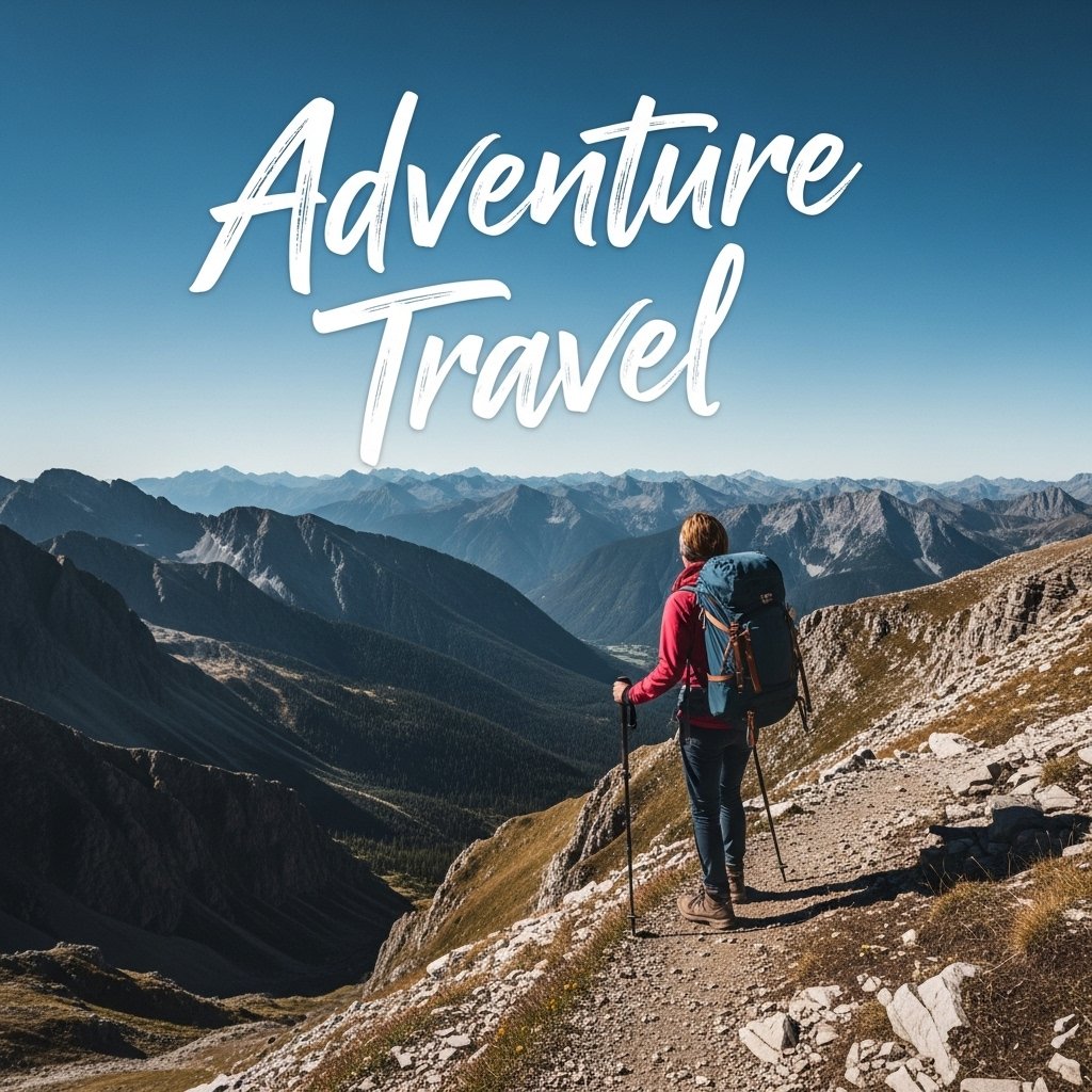 A person embarking on an adventure, hiking a rugged mountain trail with a panoramic view, embodying thrilling adventure travel.