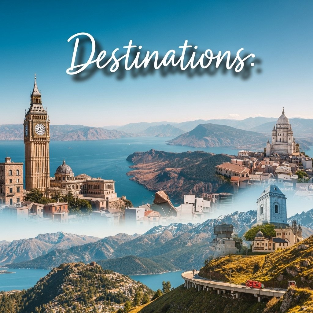 A stunning composite image featuring diverse iconic landmarks and breathtaking natural landscapes from around the world, representing global travel destinations.
