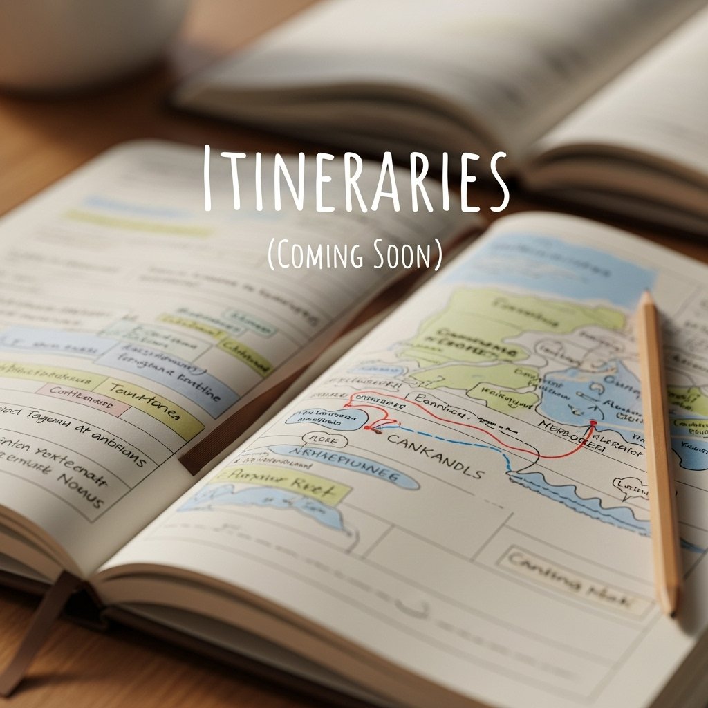 An open travel journal displaying a hand-drawn map with a highlighted route, symbolizing personalized travel itineraries and planning.