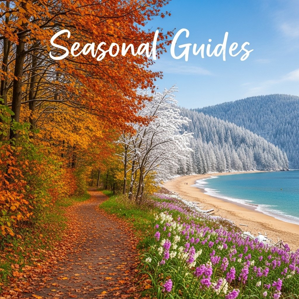 A picturesque natural landscape filled with vibrant autumn foliage, representing a seasonal travel guide and the beauty of changing seasons.
