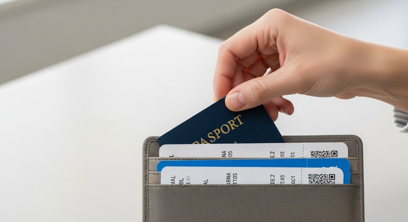 Close-up of hand placing passport and travel papers into RFID-blocking travel wallet, minimalist style with natural lighting and neutral background.