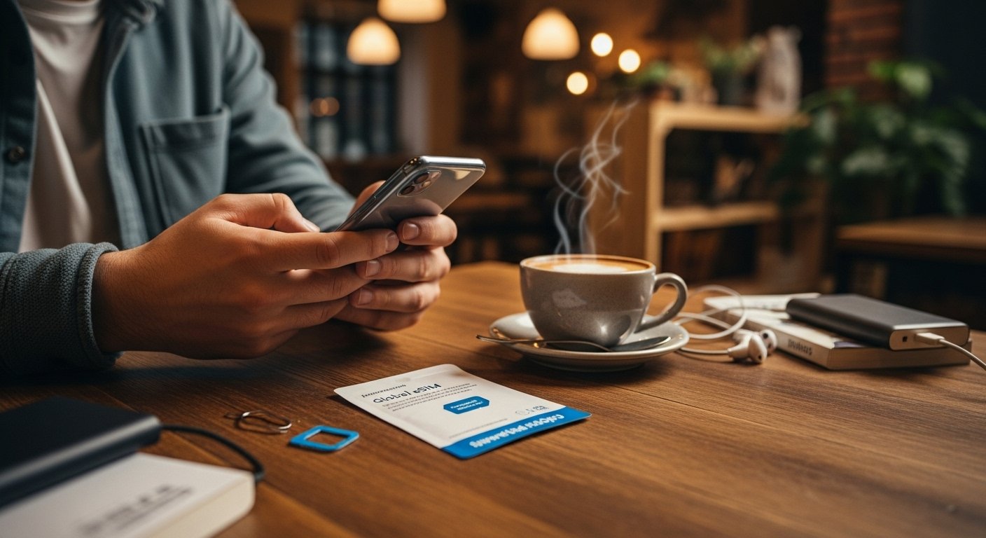 Traveler using smartphone in cozy café with visible SIM card package and coffee cup, realistic indoor setting with warm lighting and travel essentials.