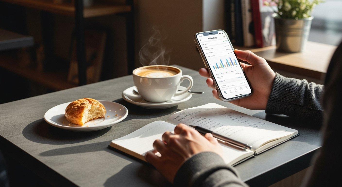 Person using budgeting app on smartphone at café table with notepad and pen, realistic natural light setting showing mindful personal finance habits.