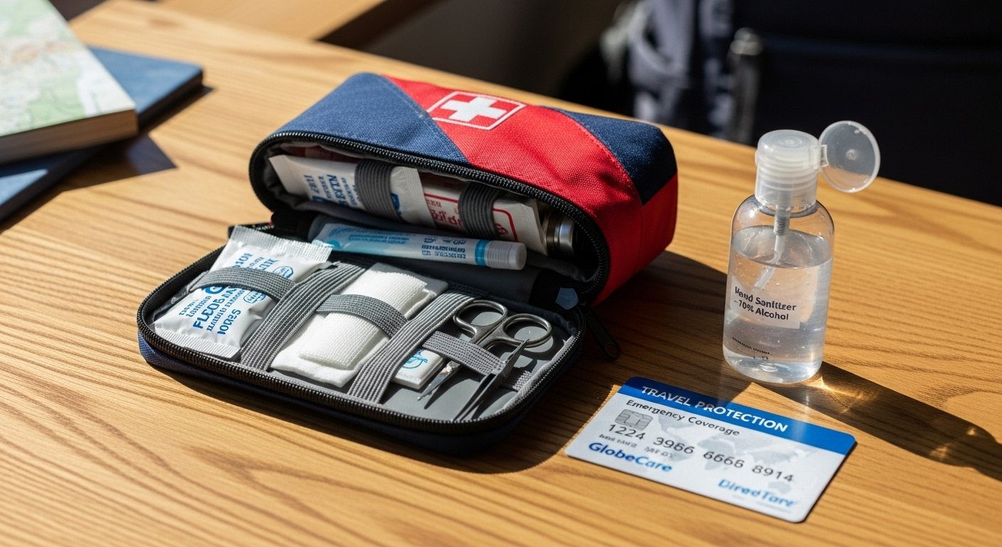 Realistic travel safety essentials on wooden table: compact first-aid kit, sanitizer bottle, and travel insurance card in bright natural daylight.