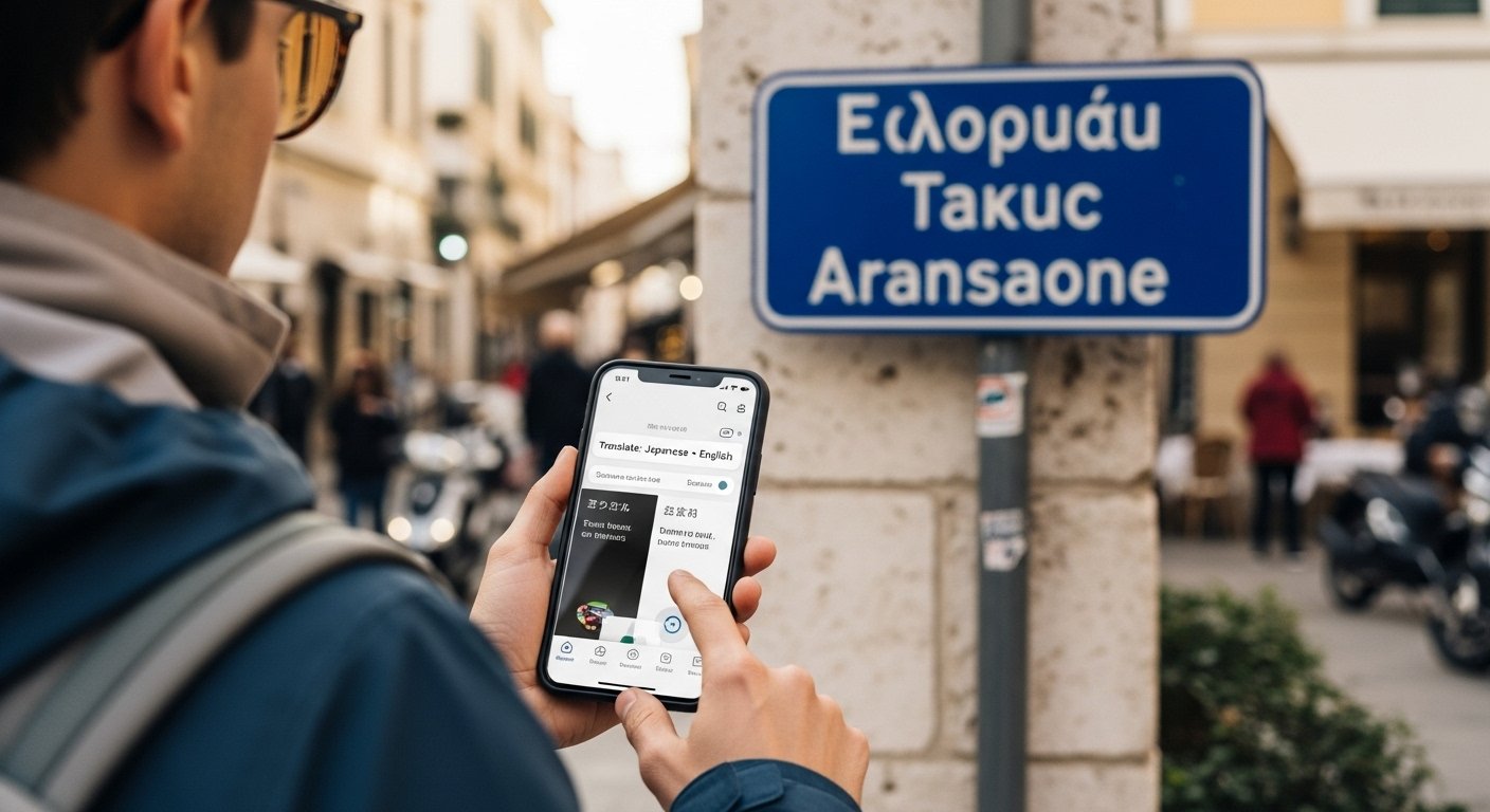 Traveler using smartphone translation app in front of foreign street sign, realistic urban setting showing practical travel technology in action.