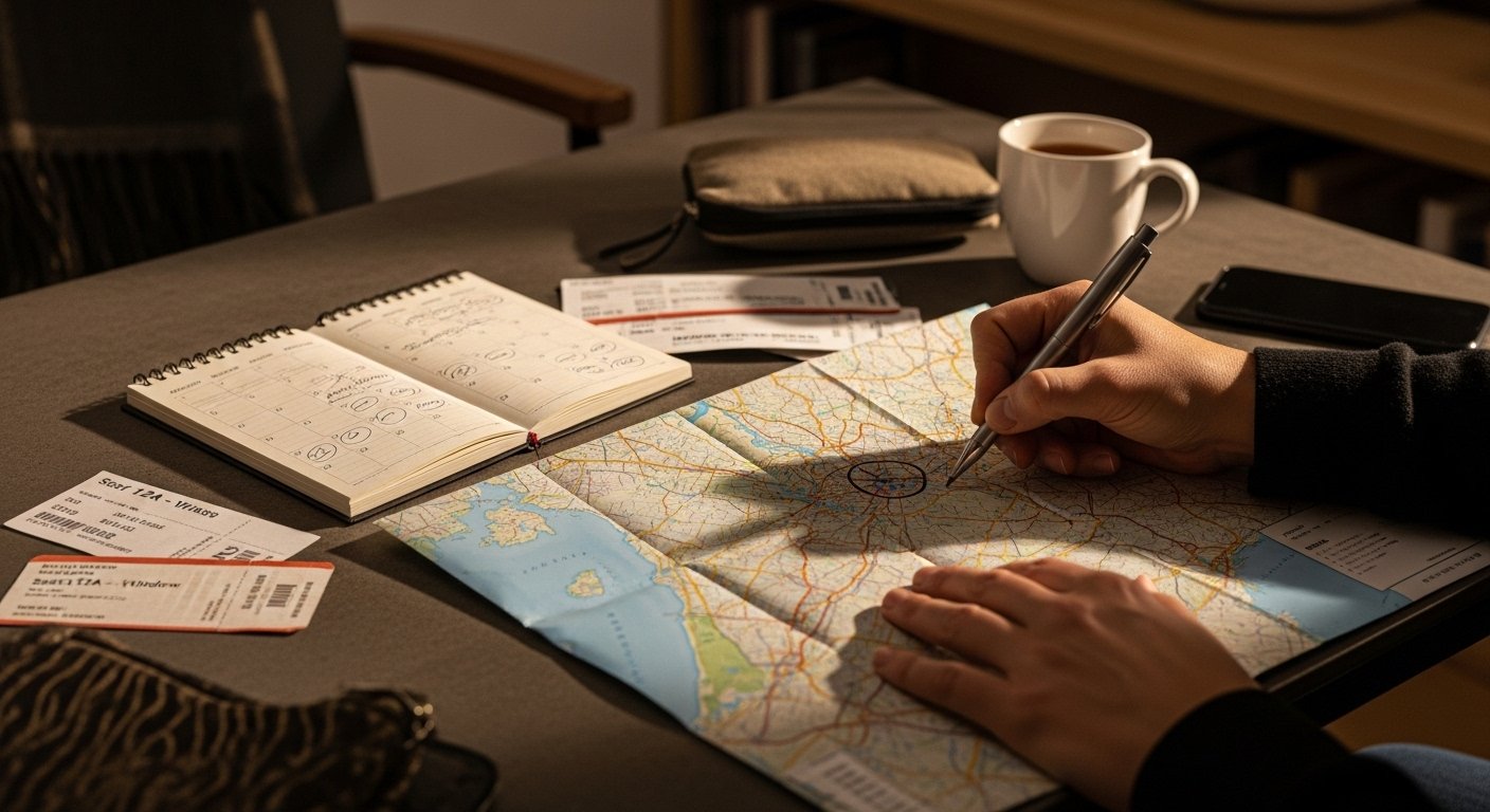 Traveler marking a paper map with a pen in cozy indoor setting, surrounded by tickets and calendar, realistic travel planning scene in warm lighting.