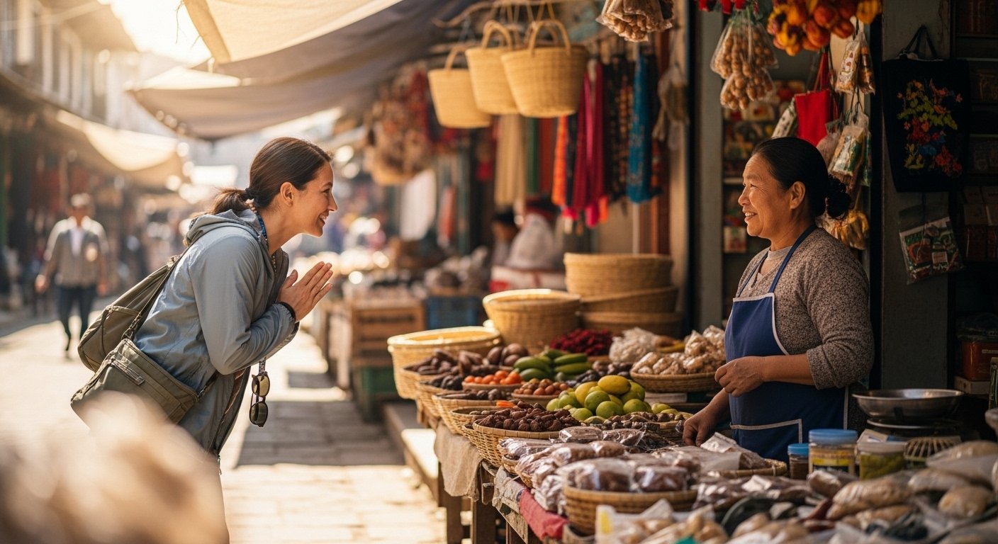 Traveler greeting local shopkeeper in small market with a smile and slight bow, realistic natural daylight scene showing respectful cultural exchange.